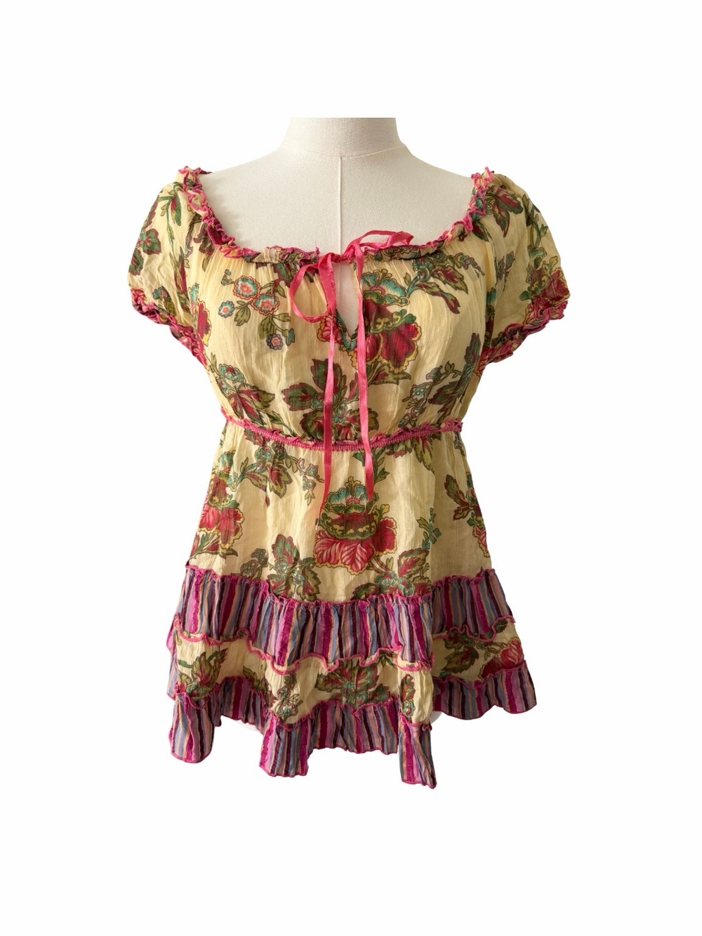 Y2K Rene Derhy 100% Cotton Yellow Floral Babydoll Top Size S Boho Bohemian
